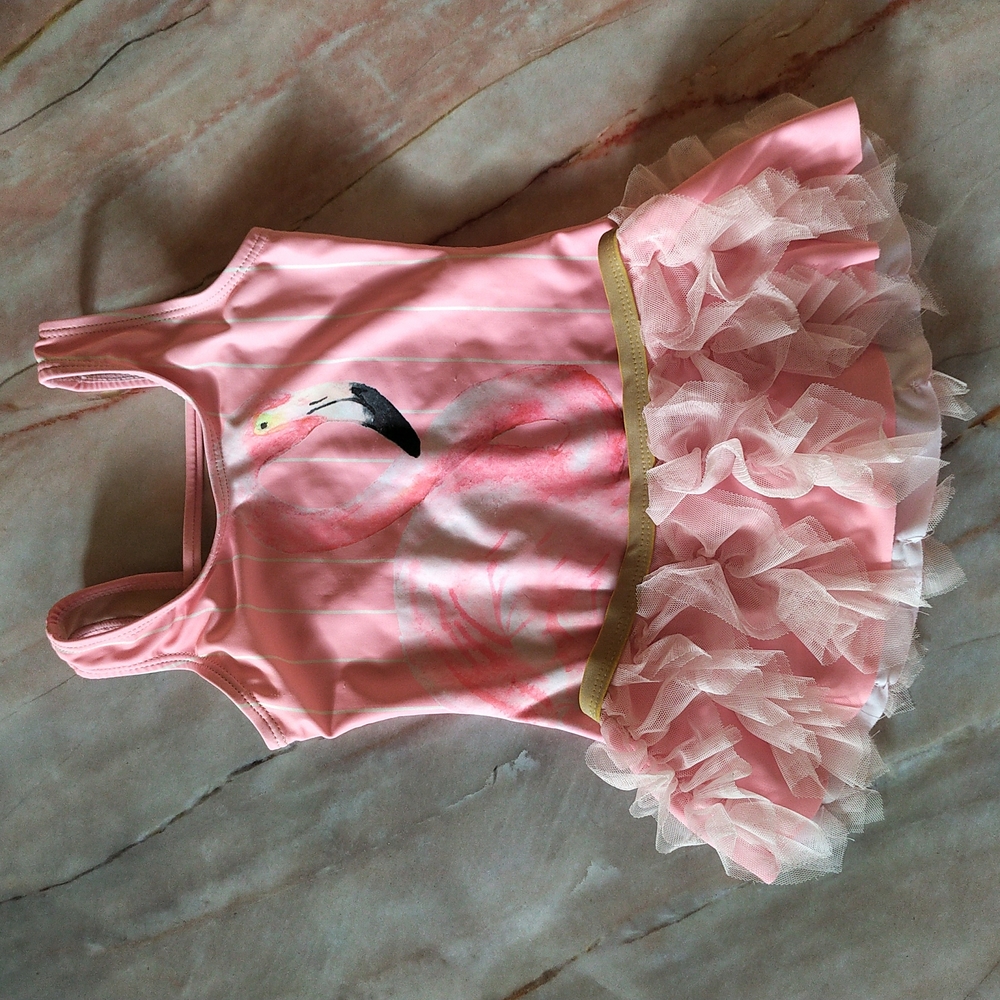 Pink Flamingo Tulle Ruffle Girls One-Piece Swimsuit